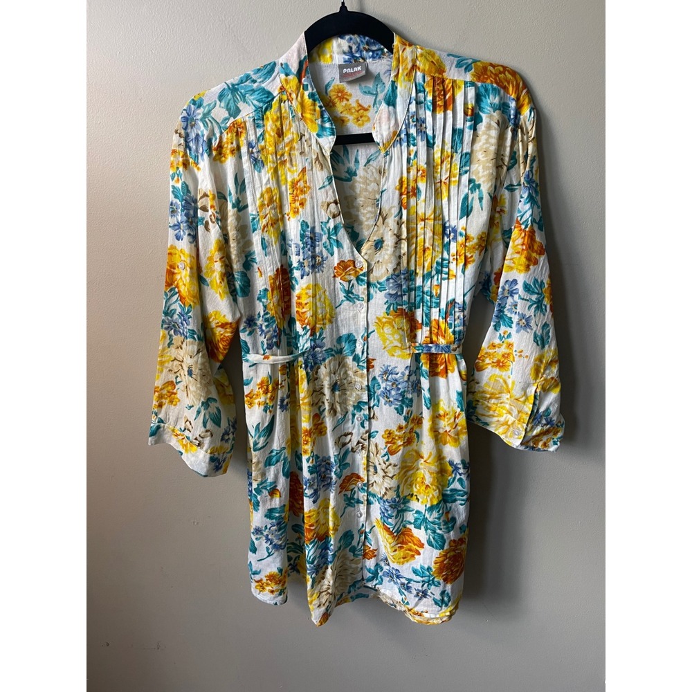 Palak Yellow Floral Cotton Pintuck Button Front Tunic boho summer lightweight